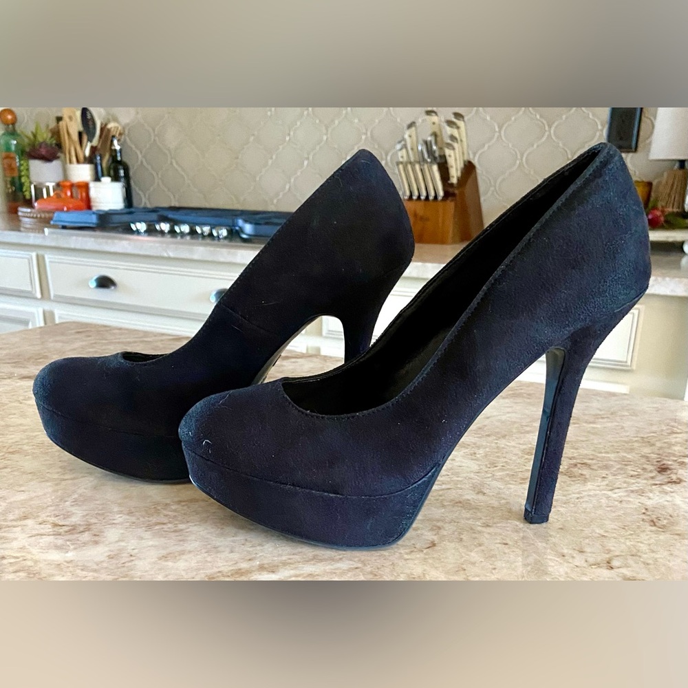 💜 BLACK SUEDE PLATFORM STILETTO HIGH HEEL SHOES - WOMENS SIZE 9 💜
